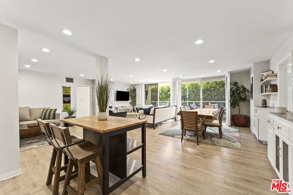 Dining room, Interior, Living room, Recessed Lighting, Wood Texture Flooring