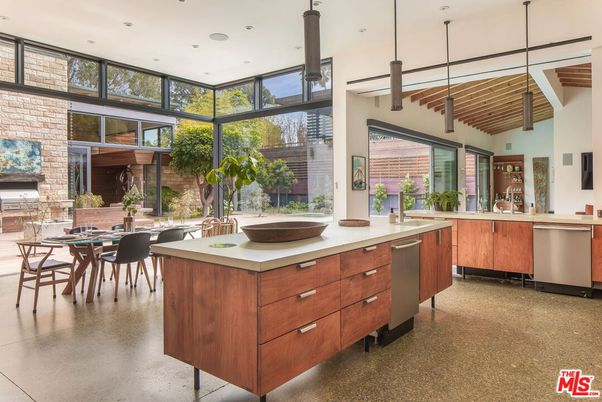 Dining room, Interior, Kitchen, Pendant Lights, Recessed Lighting, Stainless Steel Appliances, Stone Walls, Wooden Beams