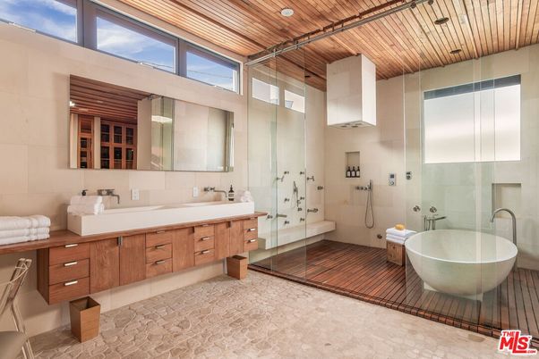 Bathroom, Dual Sink Vanities, Free Standing Baths, Glass Shower, Interior, Recessed Lighting, Wooden Ceilings