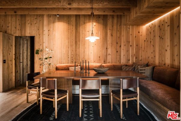 Dining room, Interior, Pendant Lights, Wood Texture Flooring, Wooden Walls