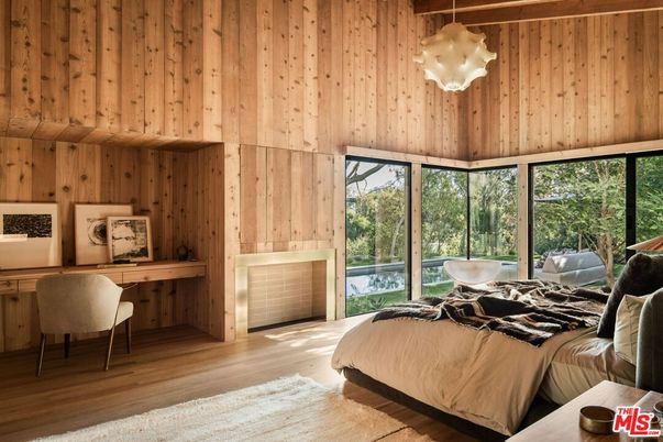 Bedroom, Interior, Pendant Lights, Wood Texture Flooring, Wooden Walls