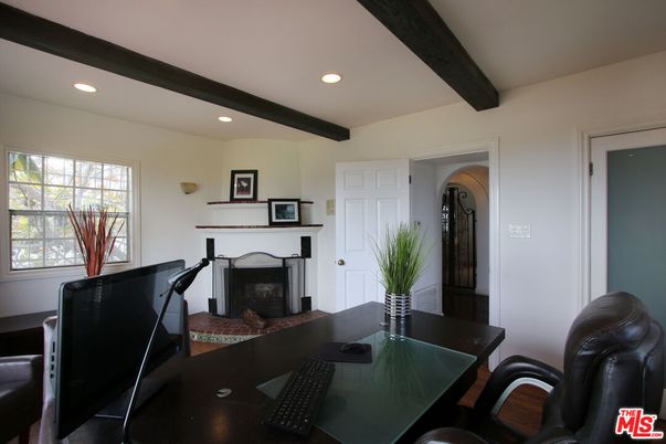 Fireplace, Home Office, Interior, Recessed Lighting, Wooden Beams