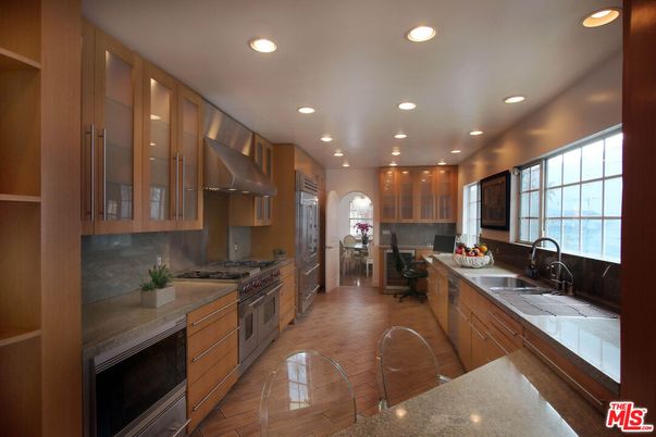 Interior, Kitchen, Recessed Lighting, Stainless Steel Appliances, Tile Countertops, Wood Texture Flooring