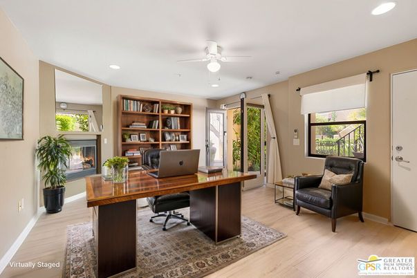 Fireplace, Home Office, Interior, Recessed Lighting, Wood Texture Flooring