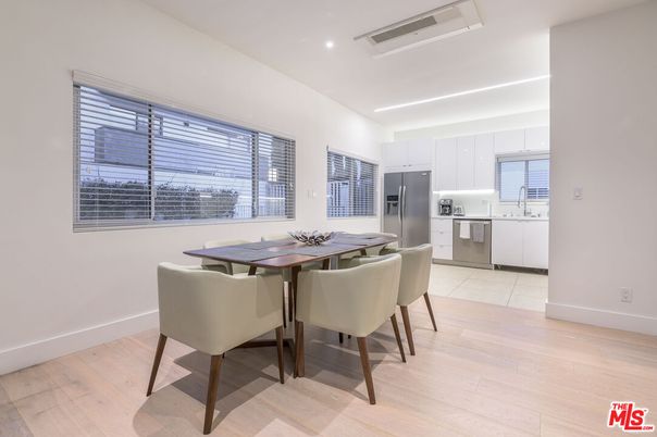 Dining room, Interior, Kitchen, Recessed Lighting, Stainless Steel Appliances, Wood Texture Flooring