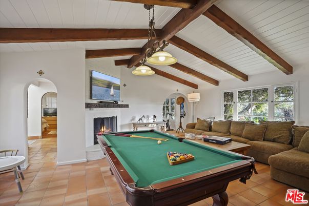 Billiard Table, Fireplace, Game Room, Interior, Living room, Pendant Lights, Wooden Beams
