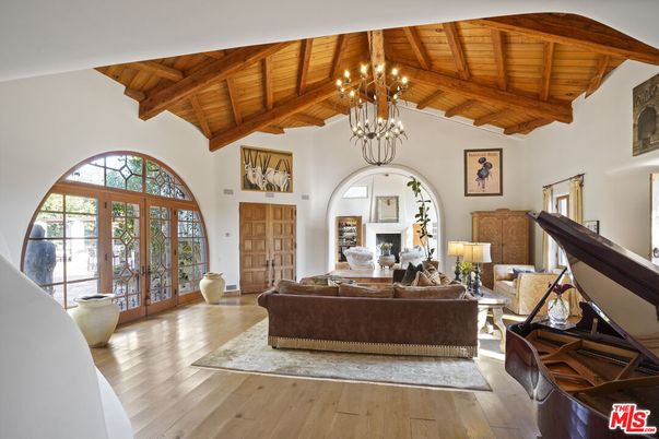 Chandelier, Fireplace, Interior, Living room, Piano, Wooden Beams, Wooden Ceilings, Wood Texture Flooring