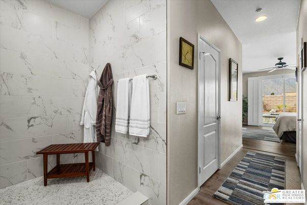 Bathroom, Bedroom, Interior, Marble Walls, Recessed Lighting, Wood Texture Flooring
