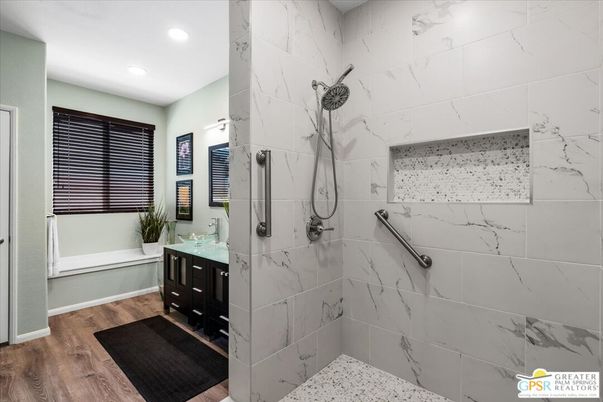 Bathroom, Interior, Marble Walls, Recessed Lighting, Wood Texture Flooring