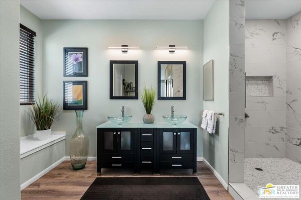 Bathroom, Dual Sink Vanities, Interior, Marble Walls, Wood Texture Flooring