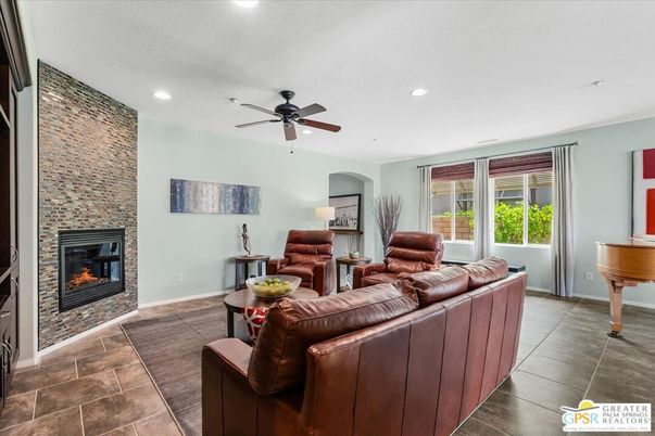 Fireplace, Interior, Living room, Recessed Lighting, Stone Walls