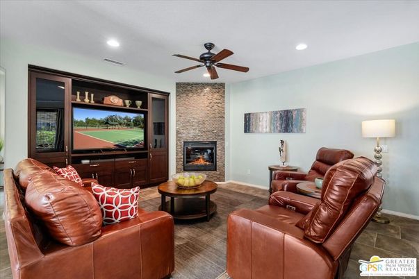 Fireplace, Interior, Living room, Recessed Lighting, Stone Walls
