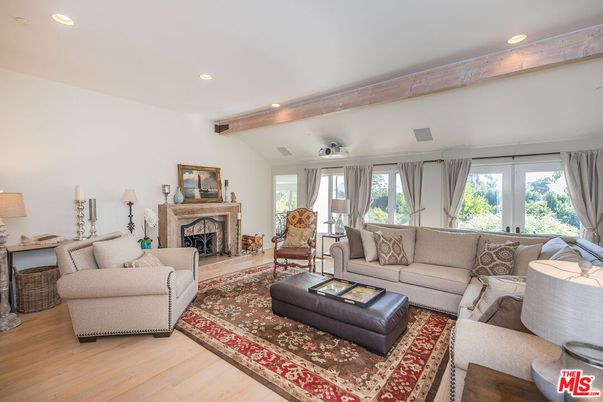 Fireplace, Interior, Living room, Recessed Lighting, Wooden Beams, Wood Texture Flooring