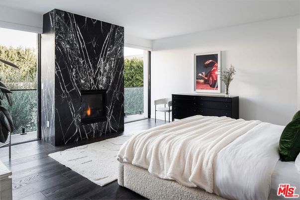 Bedroom, Fireplace, Interior, Marble Walls, Wood Texture Flooring