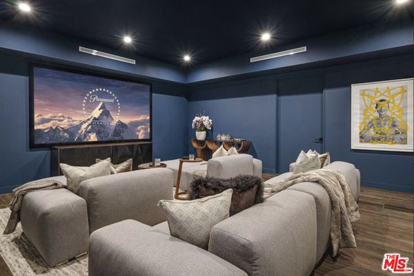 Interior, Projection Screen, Recessed Lighting, Theatre Room, Wood Texture Flooring