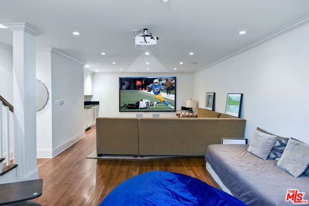 Interior, Projection Screen, Recessed Lighting, Theatre Room, Wood Texture Flooring
