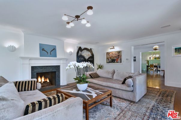 Dining room, Fireplace, Interior, Living room, Pendant Lights, Wood Texture Flooring