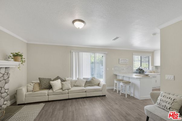 Fireplace, Interior, Kitchen, Living room, Wood Texture Flooring