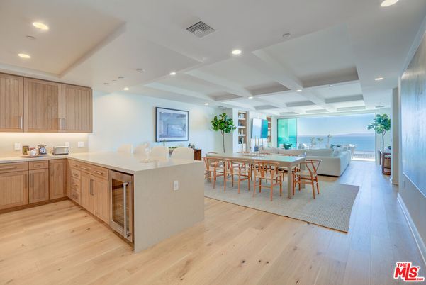 Dining room, Interior, Kitchen, Living room, Recessed Lighting, Water, Wood Texture Flooring