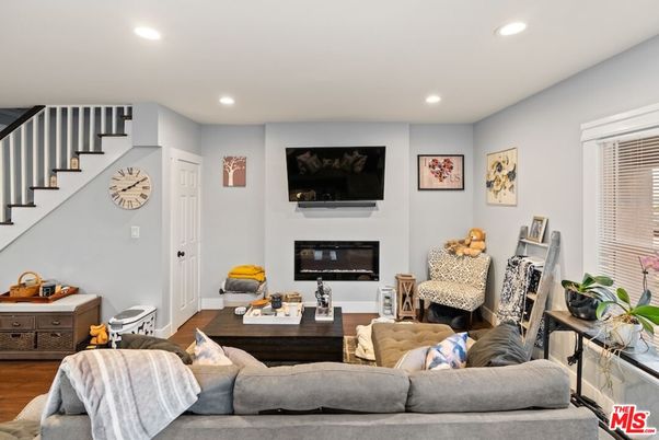 Fireplace, Interior, Living room, Recessed Lighting, Wood Texture Flooring