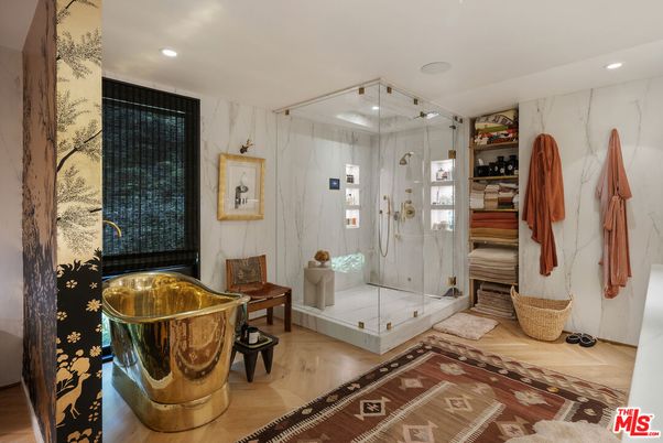 Bathroom, Glass Shower, Interior, Marble Walls, Recessed Lighting, Wood Texture Flooring