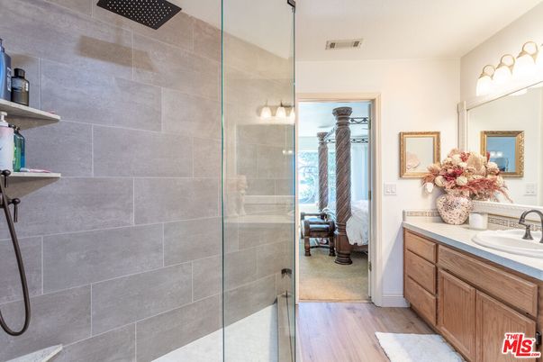 Bathroom, Glass Shower, Interior, Wood Texture Flooring