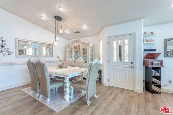 Dining room, Interior, Pendant Lights, Recessed Lighting, Wood Texture Flooring