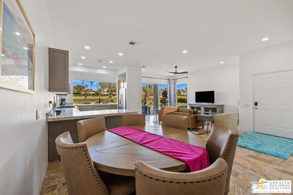 Dining room, Interior, Living room, Recessed Lighting, Wood Texture Flooring