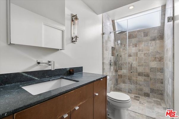 Bathroom, Glass Shower, Interior, Recessed Lighting, Stone Walls
