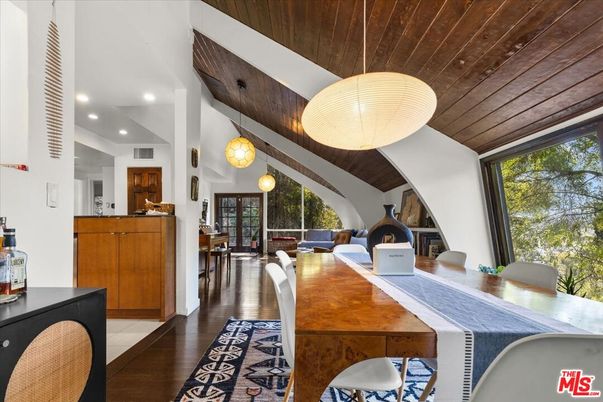 Dining room, Interior, Pendant Lights, Recessed Lighting, Wooden Ceilings, Wood Texture Flooring