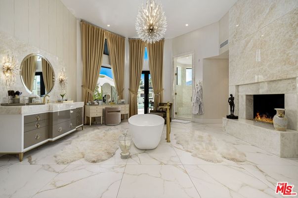 Bathroom, Dual Sink Vanities, Fireplace, Free Standing Baths, Interior, Marble, Pendant Lights, Recessed Lighting