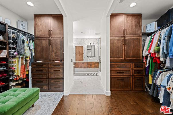 Bathroom, Interior, Marble, Recessed Lighting, Walk-in Closets, Wood Texture Flooring