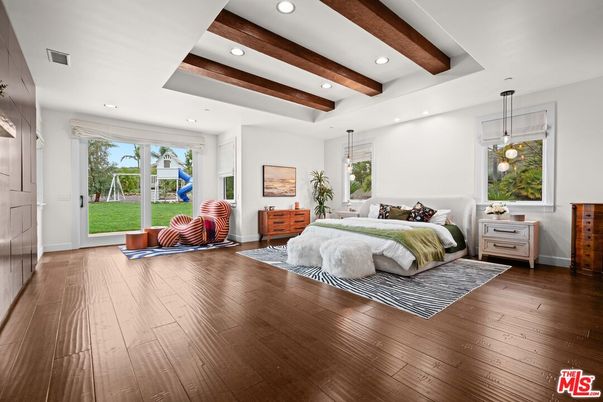 Bedroom, Interior, Pendant Lights, Recessed Lighting, Wooden Beams, Wood Texture Flooring