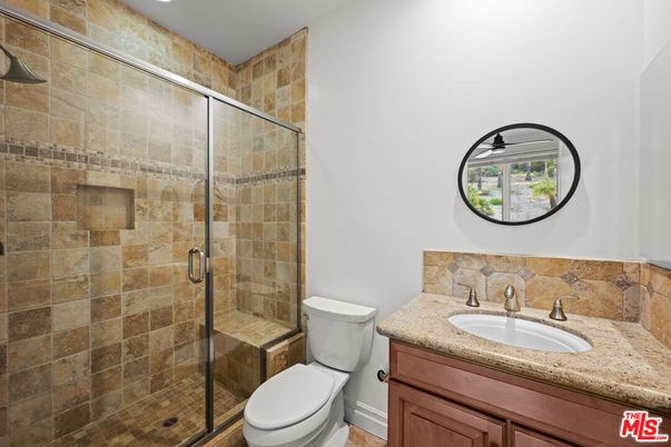 Bathroom, Glass Shower, Interior, Recessed Lighting, Stone Walls