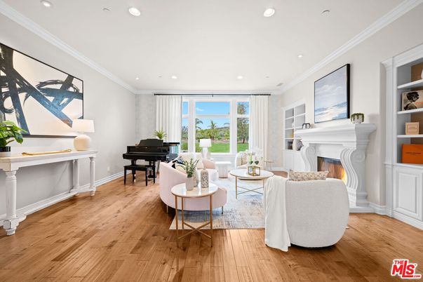Fireplace, Interior, Living room, Piano, Recessed Lighting, Wood Texture Flooring
