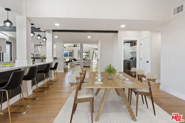 Dining room, Interior, Pendant Lights, Recessed Lighting, Wood Texture Flooring