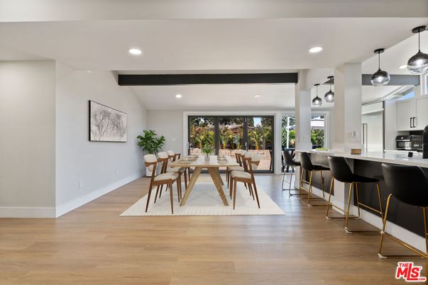 Dining room, Interior, Kitchen, Pendant Lights, Recessed Lighting, Stainless Steel Appliances, Wooden Beams, Wood Texture Flooring
