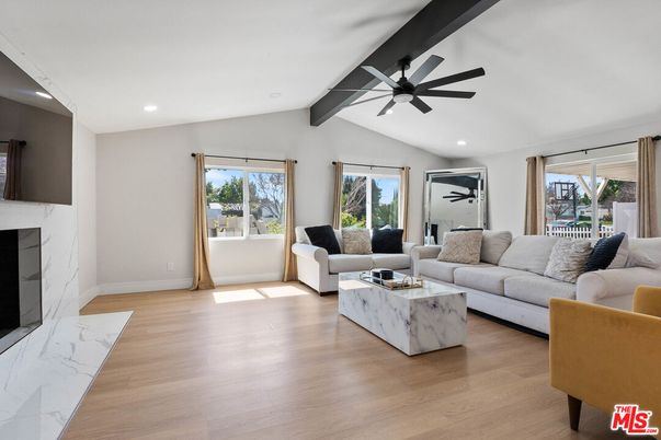 Fireplace, Interior, Living room, Recessed Lighting, Wooden Beams, Wood Texture Flooring