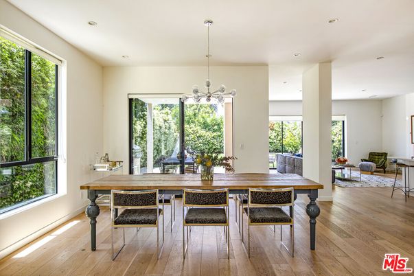 Dining room, Interior, Pendant Lights, Recessed Lighting, Wood Texture Flooring