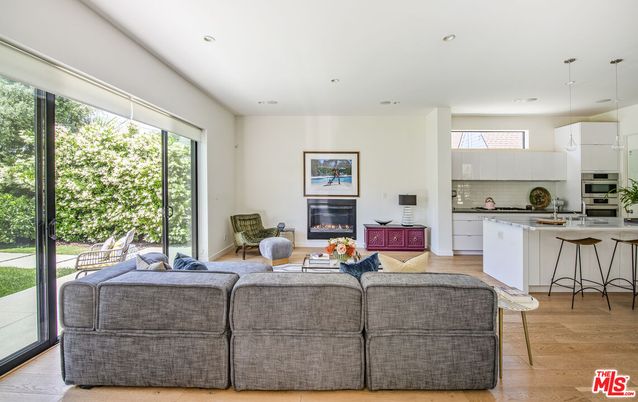 Fireplace, Interior, Kitchen, Living room, Pendant Lights, Recessed Lighting, Wood Texture Flooring