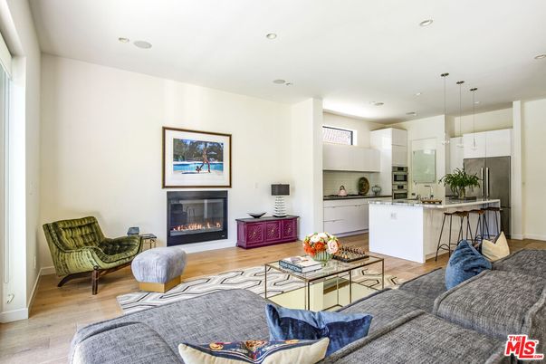 Fireplace, Interior, Kitchen, Living room, Pendant Lights, Recessed Lighting, Wood Texture Flooring