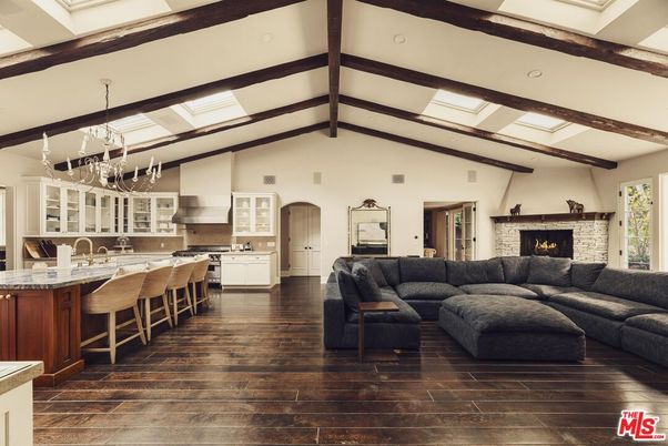 Chandelier, Fireplace, Interior, Kitchen, Living room, Recessed Lighting, Wooden Beams, Wood Texture Flooring