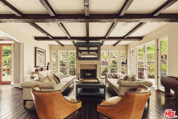 Fireplace, Interior, Living room, Recessed Lighting, Wooden Beams, Wood Texture Flooring