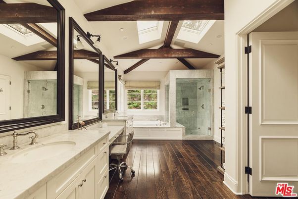 Bathroom, Dual Sink Vanities, Glass Shower, Interior, Recessed Lighting, Wooden Beams, Wood Texture Flooring