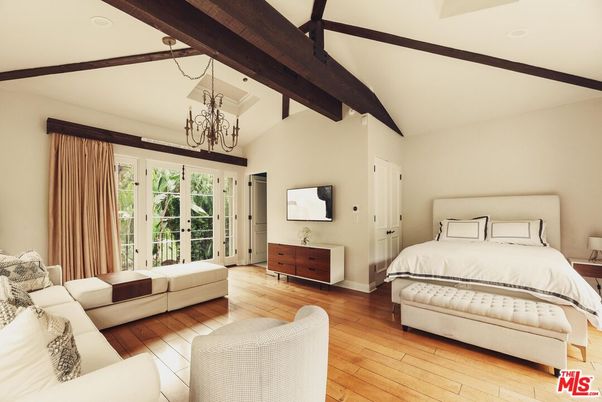 Bedroom, Chandelier, Interior, Recessed Lighting, Wooden Beams, Wood Texture Flooring