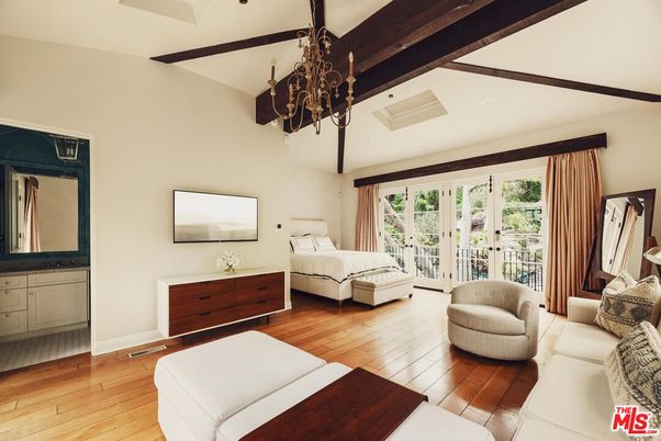 Bedroom, Chandelier, Interior, Wooden Beams, Wood Texture Flooring