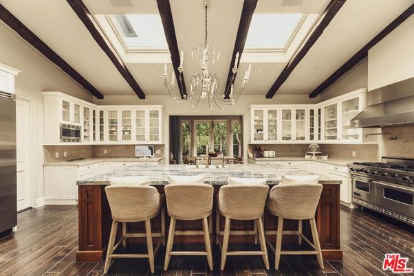 Chandelier, Interior, Kitchen, Recessed Lighting, Stainless Steel Appliances, Wooden Beams, Wood Texture Flooring