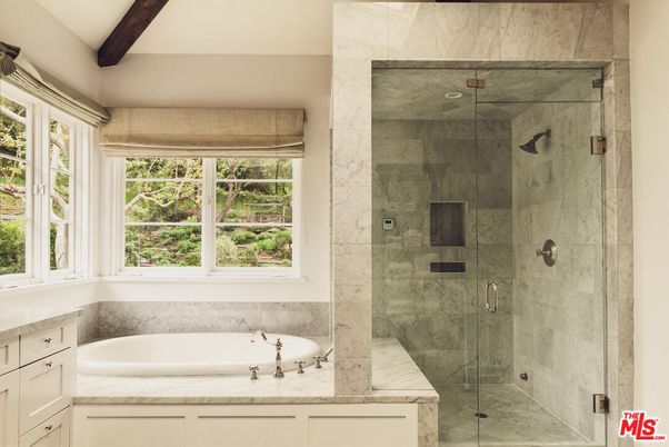 Bathroom, Glass Shower, Interior, Marble Walls, Wooden Beams