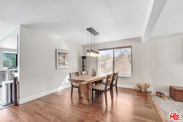 Dining room, Interior, Pendant Lights, Wood Texture Flooring