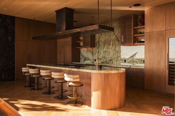 Interior, Kitchen, Marble Walls, Pendant Lights, Recessed Lighting, Wood Texture Flooring
